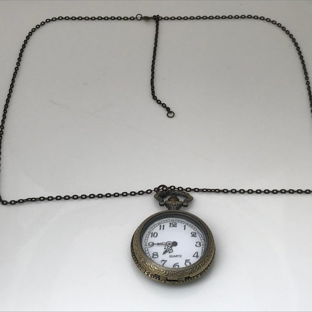 Pocket Watch Necklace Quartz Analog Brass Tone - Picture 11 of 12